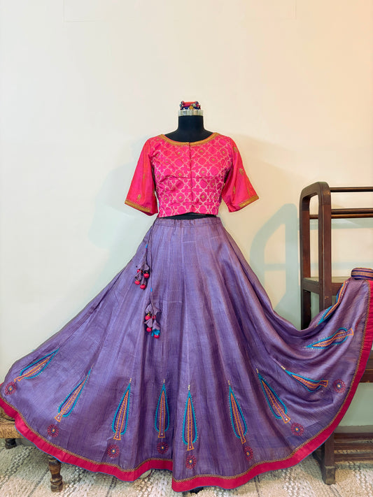 Purple & Pink Tussar Silk Ari Mirror Work Chaniya