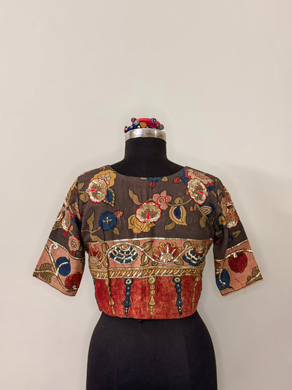Steel Grey Silk Hand Painted Kalamkari & Zardosi Blouse (Semi-Stitched)