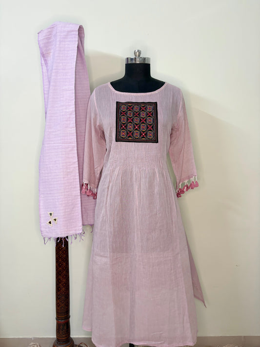 Lilac Mul Cotton Anarkali Kurta with Kutchi Patch Work (Stitched)