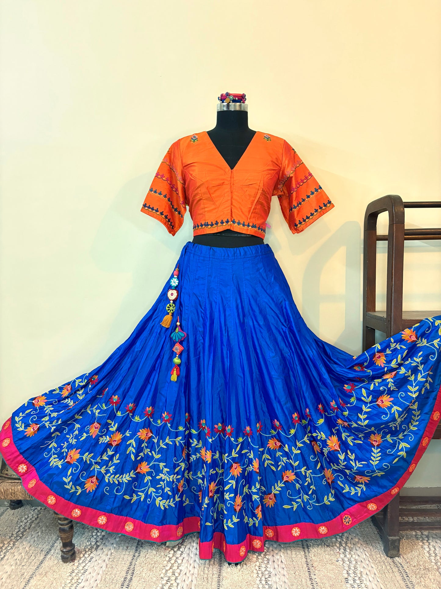Blue & Pink Pure Silk Ari Mirror Work Chaniya