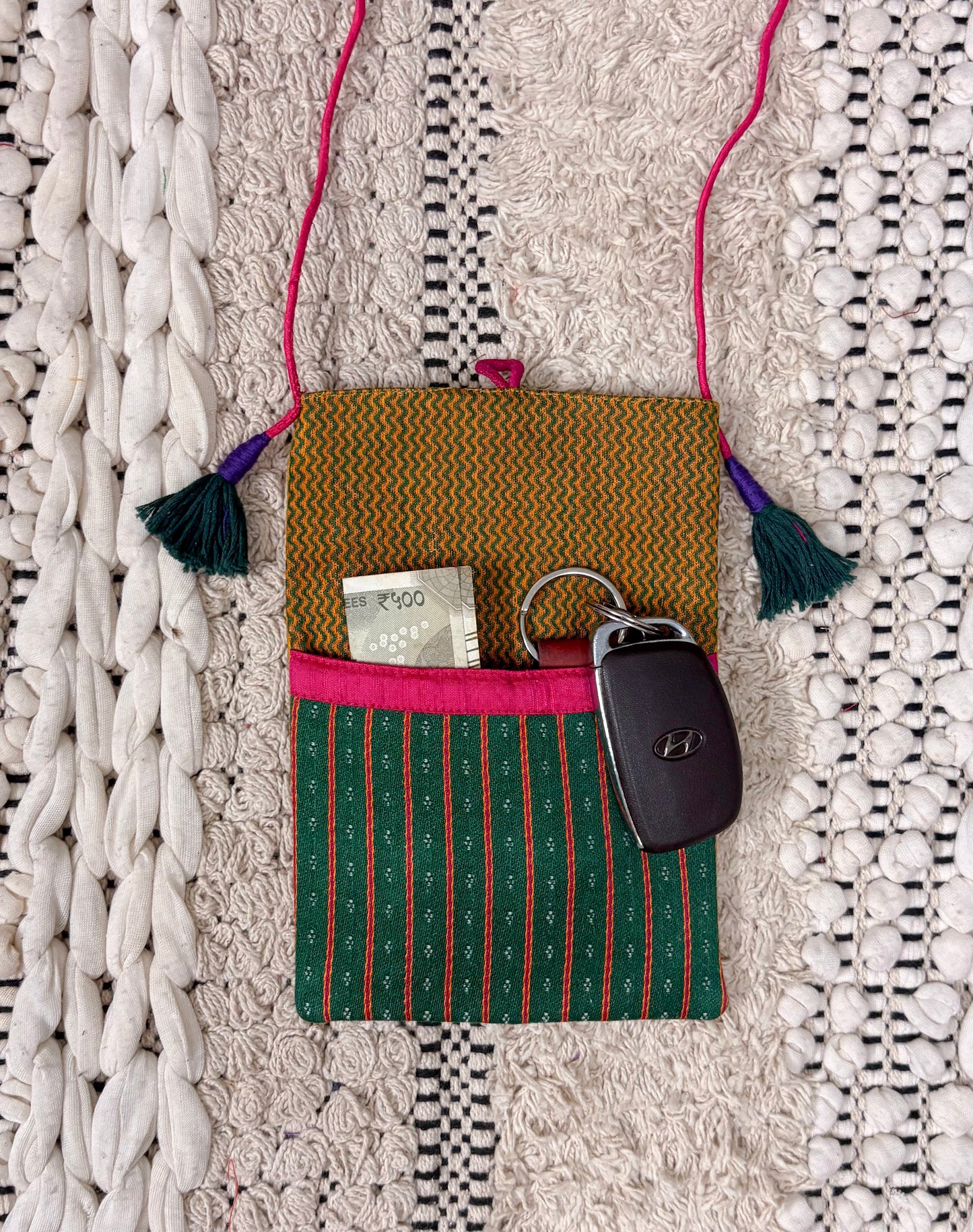 Yellow & Purple Raw Silk Mashru Mirror Work Pouch