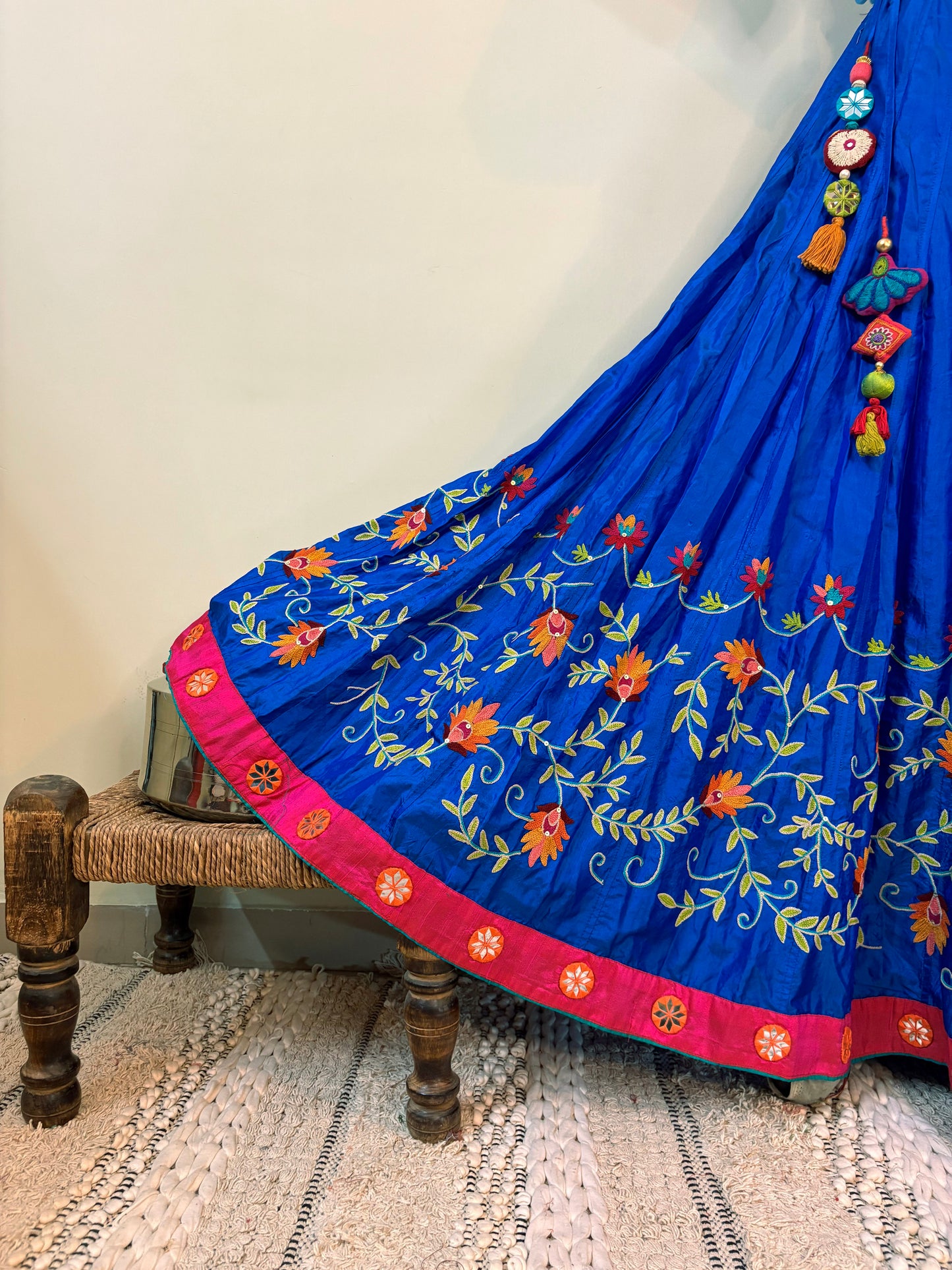 Blue & Pink Pure Silk Ari Mirror Work Chaniya