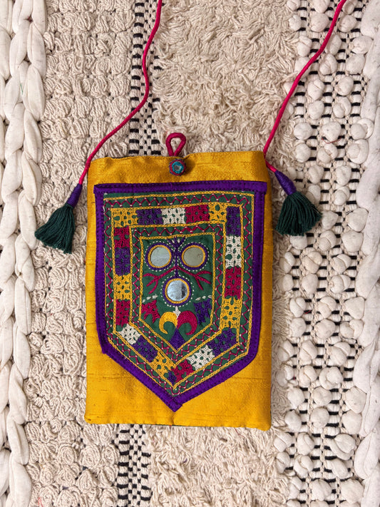 Yellow & Purple Raw Silk Mashru Mirror Work Pouch