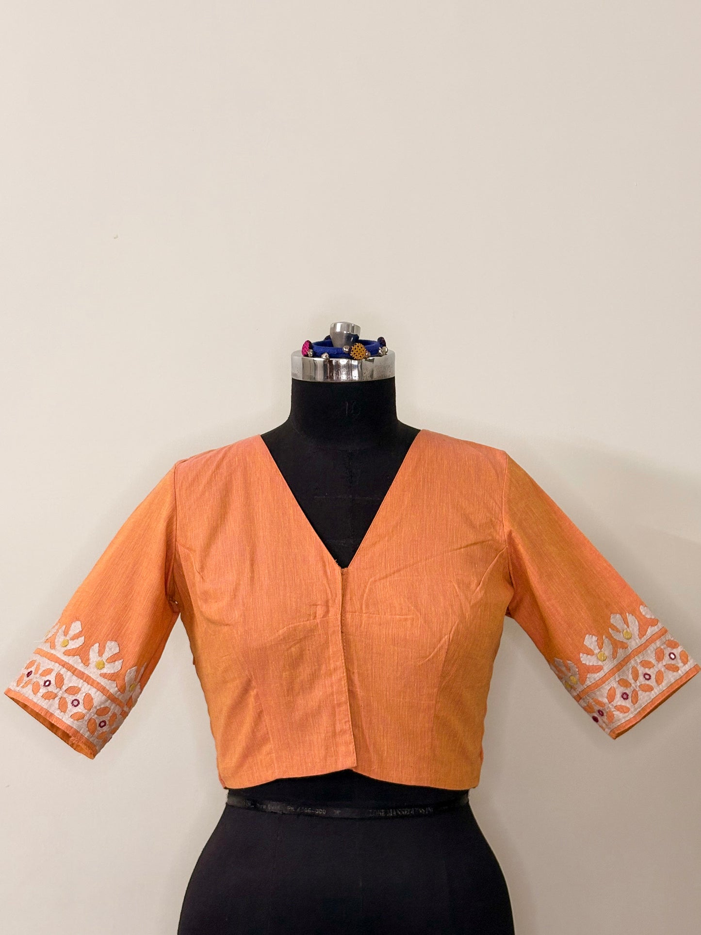 Orange Cotton Appliqué Blouse (Semi-Stitched)