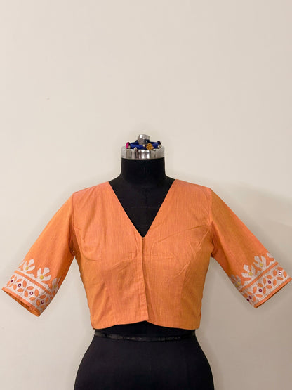 Orange Cotton Appliqué Blouse (Semi-Stitched)