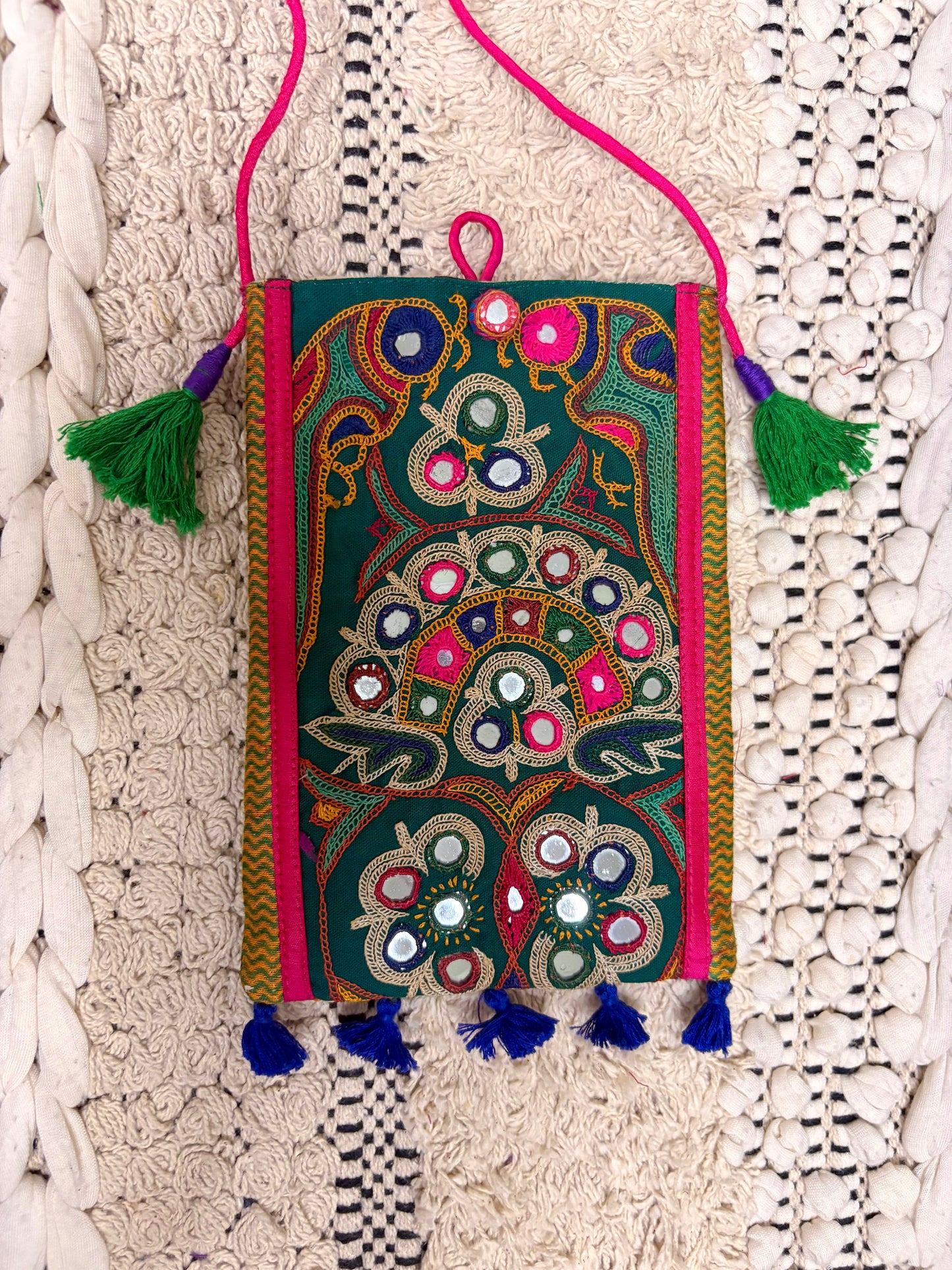 Multi-Colour Raw Silk Mirror Work Pouch