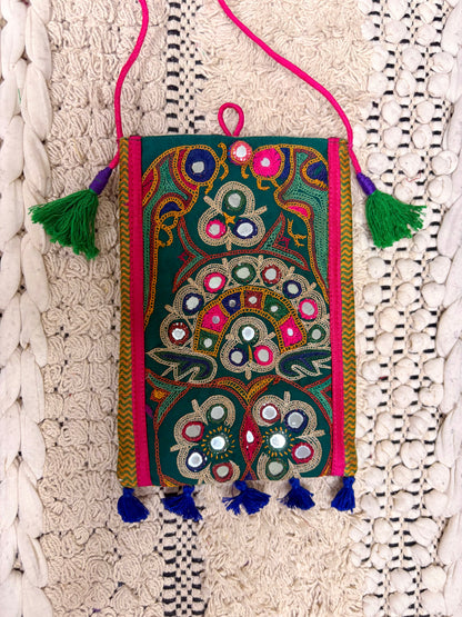 Multi-Colour Raw Silk Mirror Work Pouch