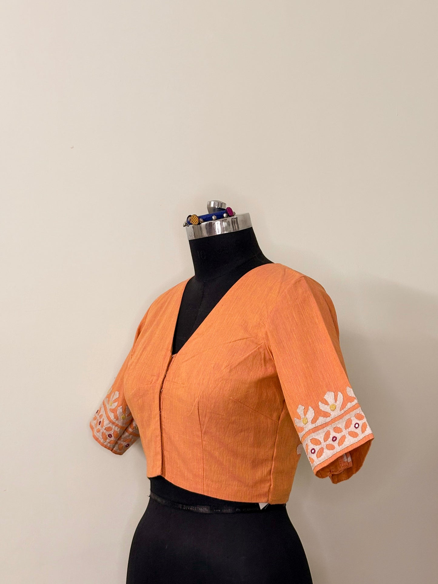 Orange Cotton Appliqué Blouse (Semi-Stitched)