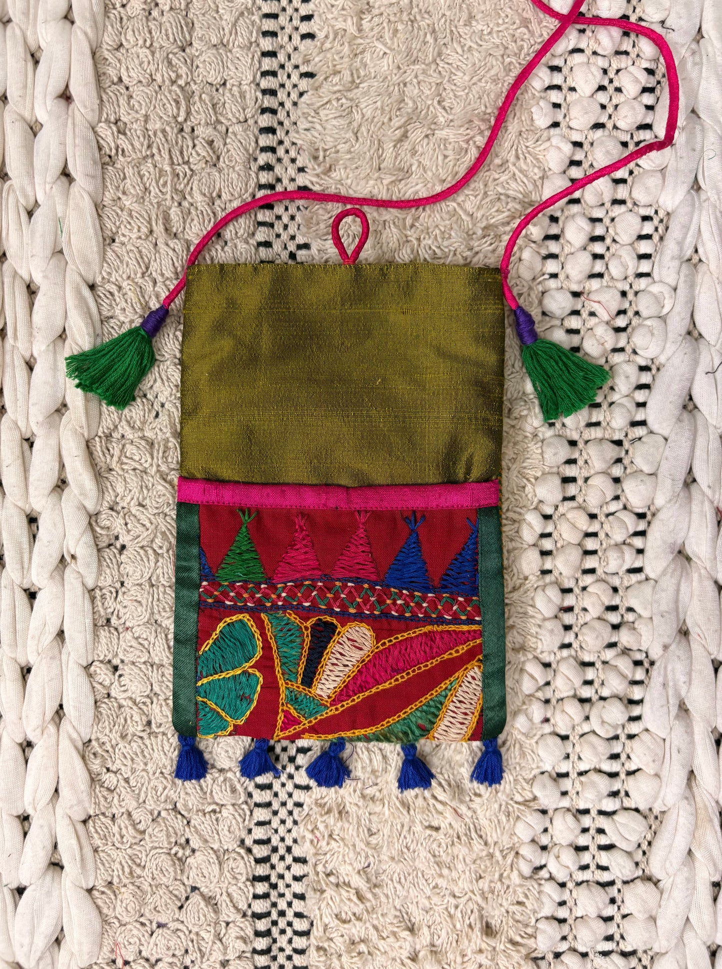 Multi-Colour Raw Silk Mirror Work Pouch