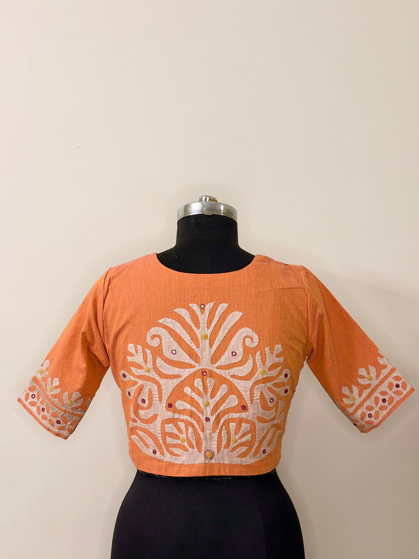 Orange Cotton Appliqué Blouse (Semi-Stitched)