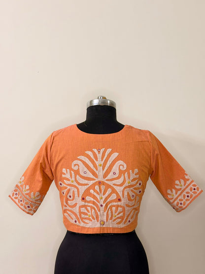 Orange Cotton Appliqué Blouse (Semi-Stitched)