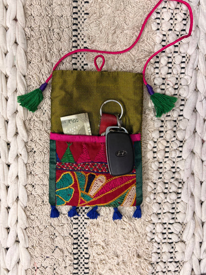 Multi-Colour Raw Silk Mirror Work Pouch