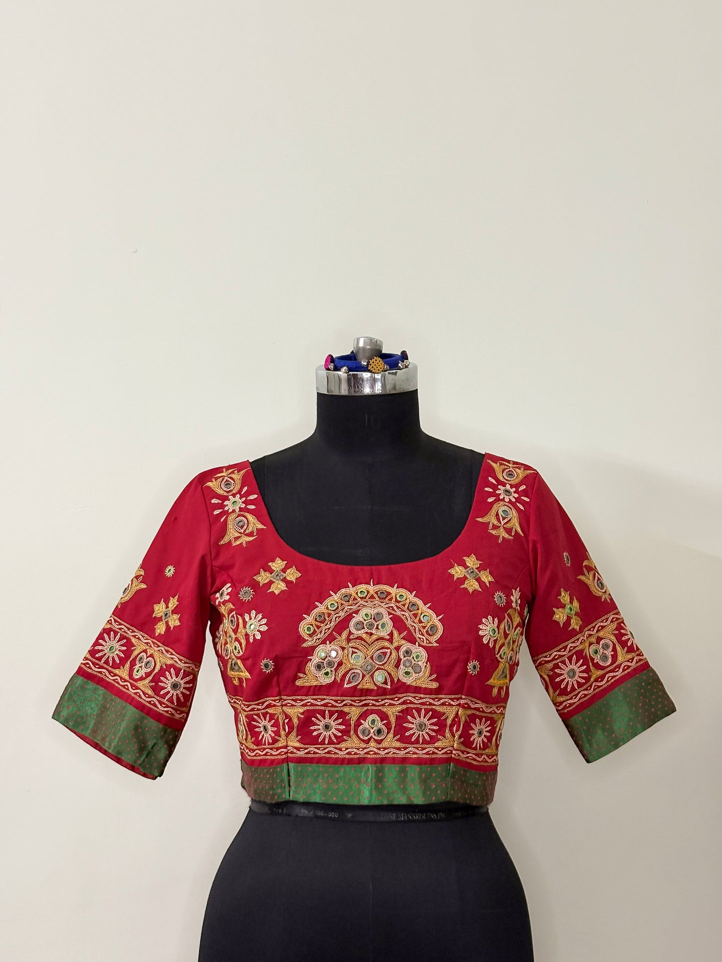 Red Cotton Kutchi Work Blouse (Semi-Stitched)