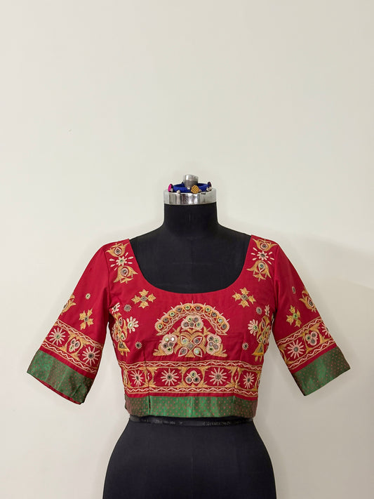 Red Cotton Kutchi Work Blouse (Semi-Stitched)