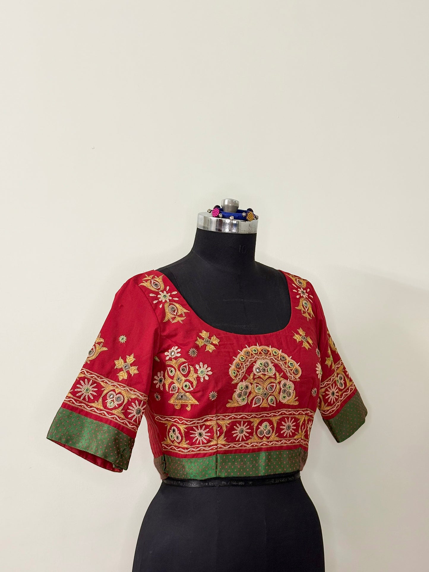 Red Cotton Kutchi Work Blouse (Semi-Stitched)
