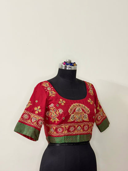 Red Cotton Kutchi Work Blouse (Semi-Stitched)