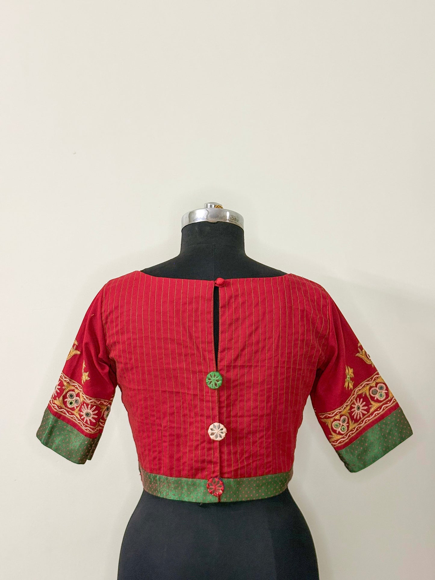 Red Cotton Kutchi Work Blouse (Semi-Stitched)
