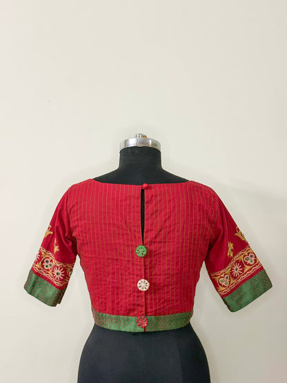 Red Cotton Kutchi Work Blouse (Semi-Stitched)