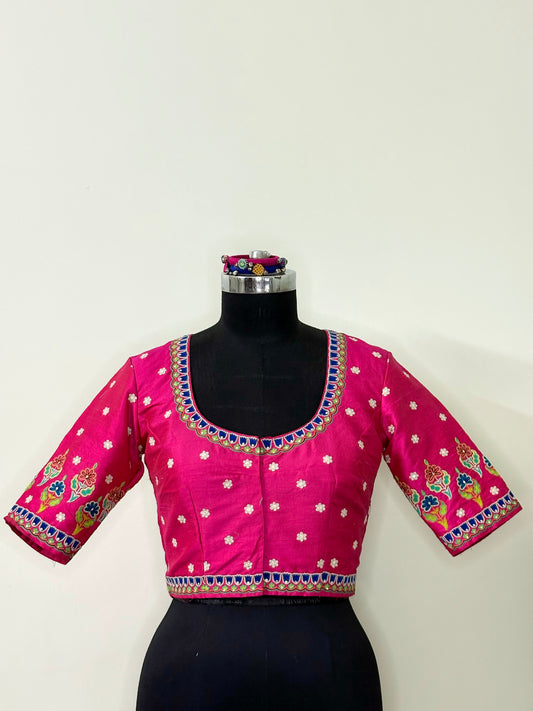Rani Pink Raw Silk Mochi Bharat Blouse (Semi-Stitched)