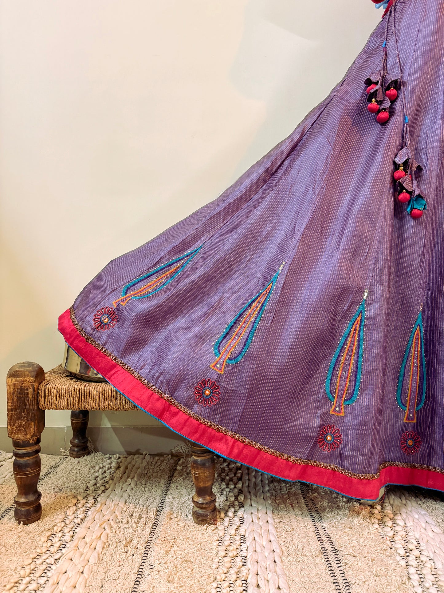 Purple & Pink Tussar Silk Ari Mirror Work Chaniya