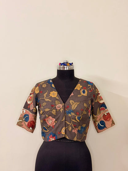Steel Grey Silk Hand Painted Kalamkari & Zardosi Blouse (Semi-Stitched)