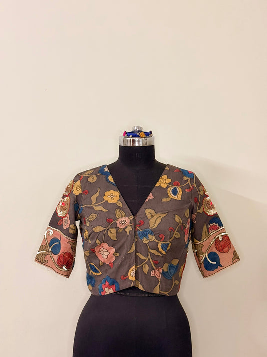 Steel Grey Silk Hand Painted Kalamkari & Zardosi Blouse (Semi-Stitched)