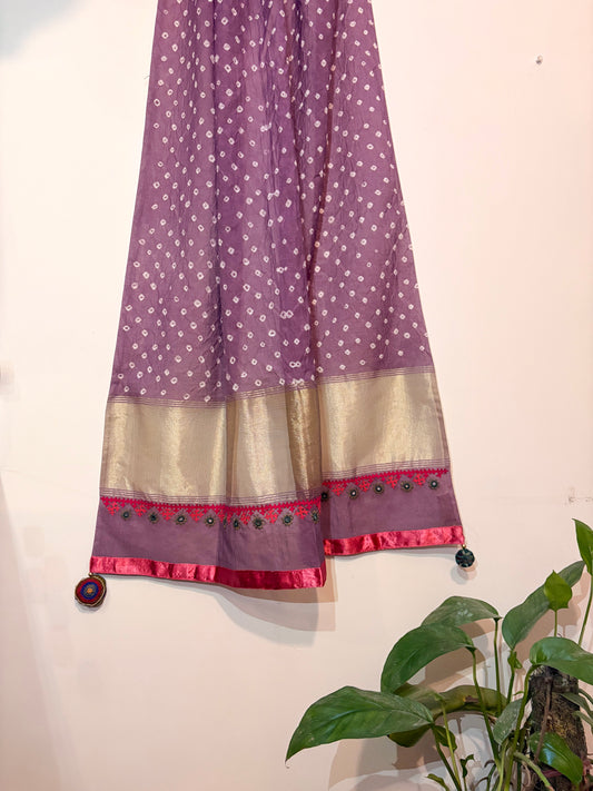 Purple Silk Bandhani Dupatta with Ari & Mirror Work