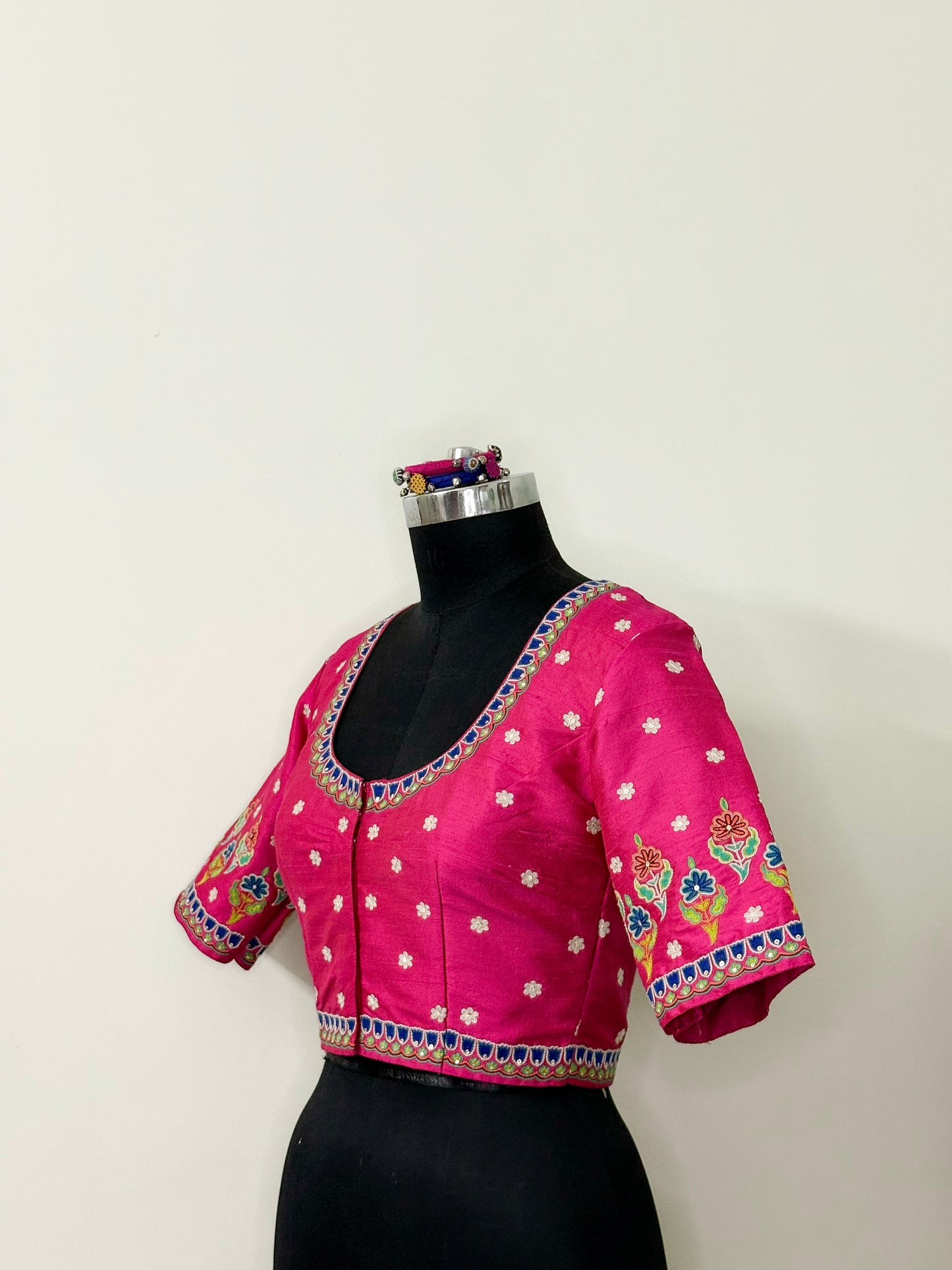 Rani Pink Raw Silk Mochi Bharat Blouse (Semi-Stitched)