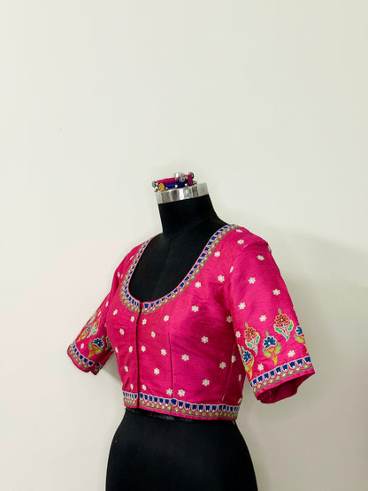 Rani Pink Raw Silk Mochi Bharat Blouse (Semi-Stitched)