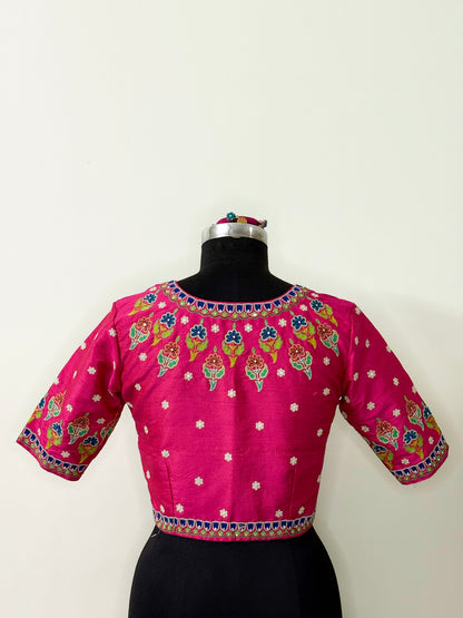 Rani Pink Raw Silk Mochi Bharat Blouse (Semi-Stitched)