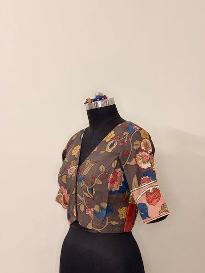 Steel Grey Silk Hand Painted Kalamkari & Zardosi Blouse (Semi-Stitched)
