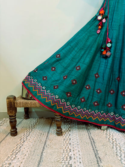 Bottle Green Matka Silk Ari Mirror Work Chaniya