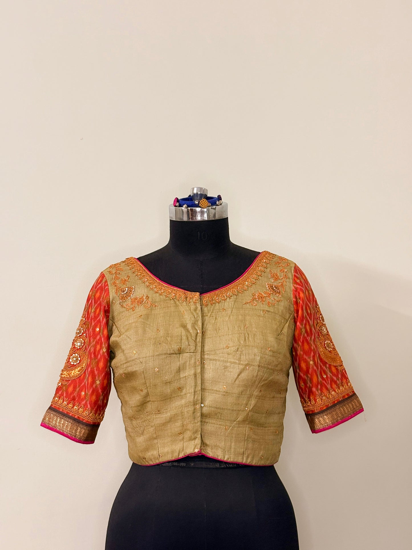 Pista Green Tussar Silk Marodi Blouse with Ikat Sleeves (Semi-Stitched)