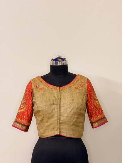 Pista Green Tussar Silk Marodi Blouse with Ikat Sleeves (Semi-Stitched)
