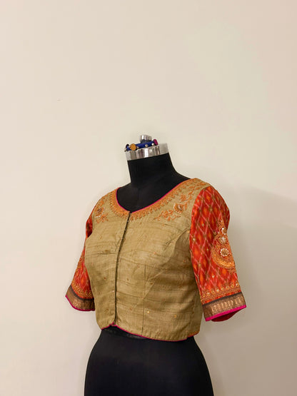 Pista Green Tussar Silk Marodi Blouse with Ikat Sleeves (Semi-Stitched)