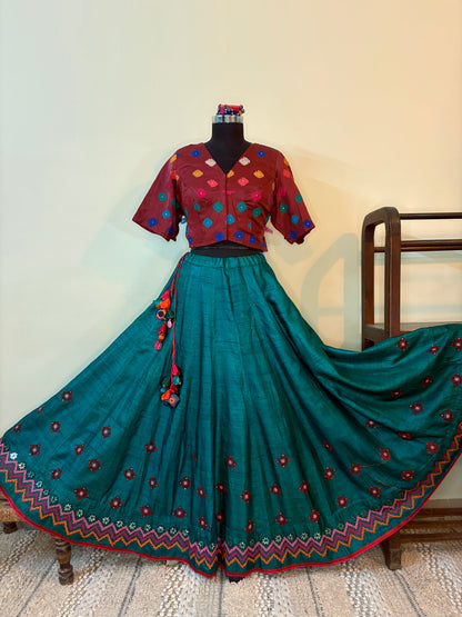 Bottle Green Matka Silk Ari Mirror Work Chaniya
