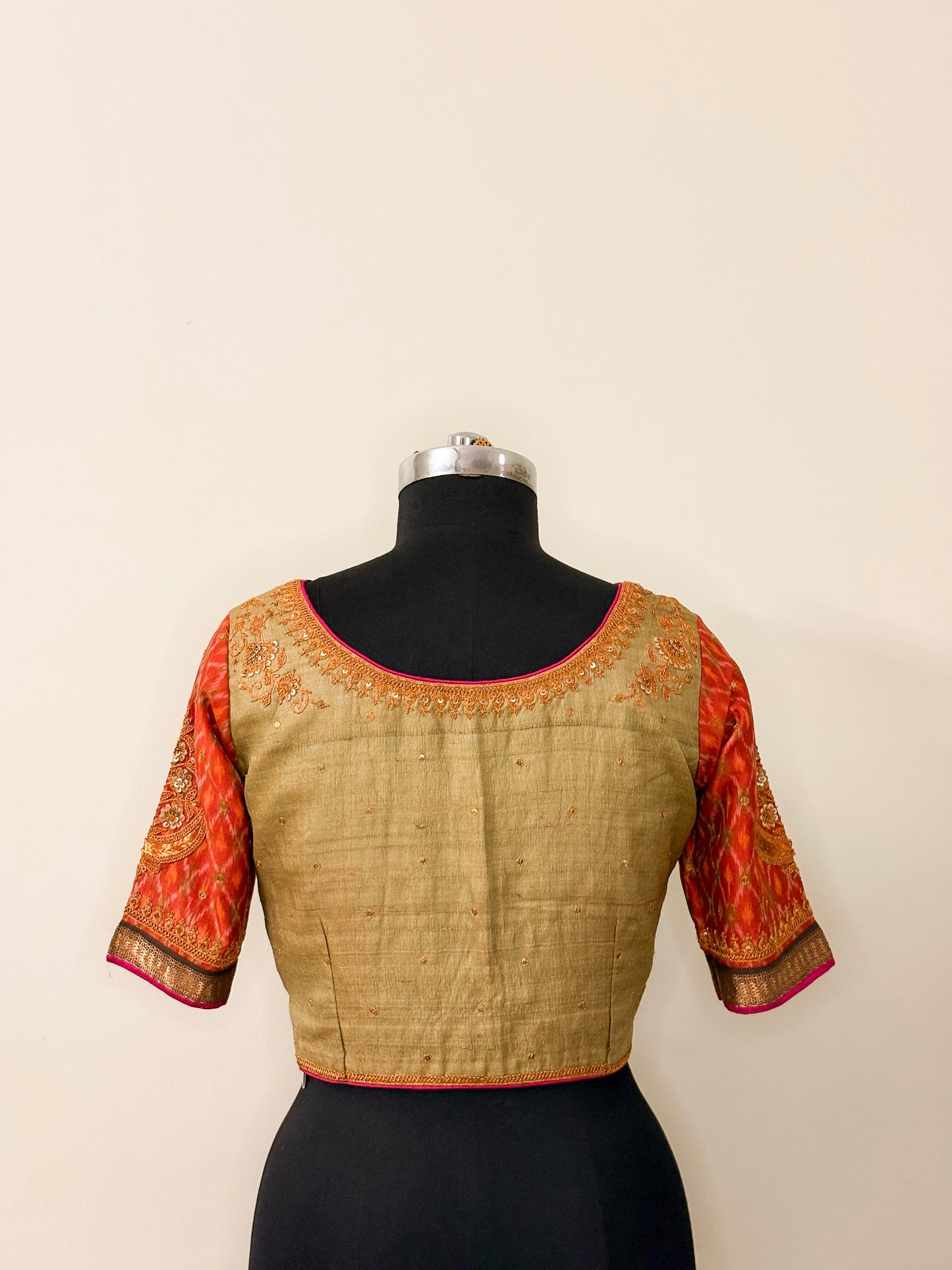 Pista Green Tussar Silk Marodi Blouse with Ikat Sleeves (Semi-Stitched)