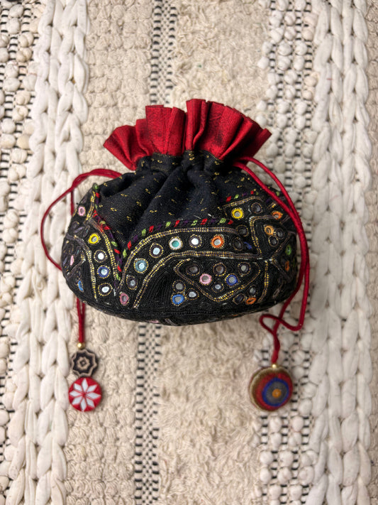 Black Cotton Potli with Mirror Work