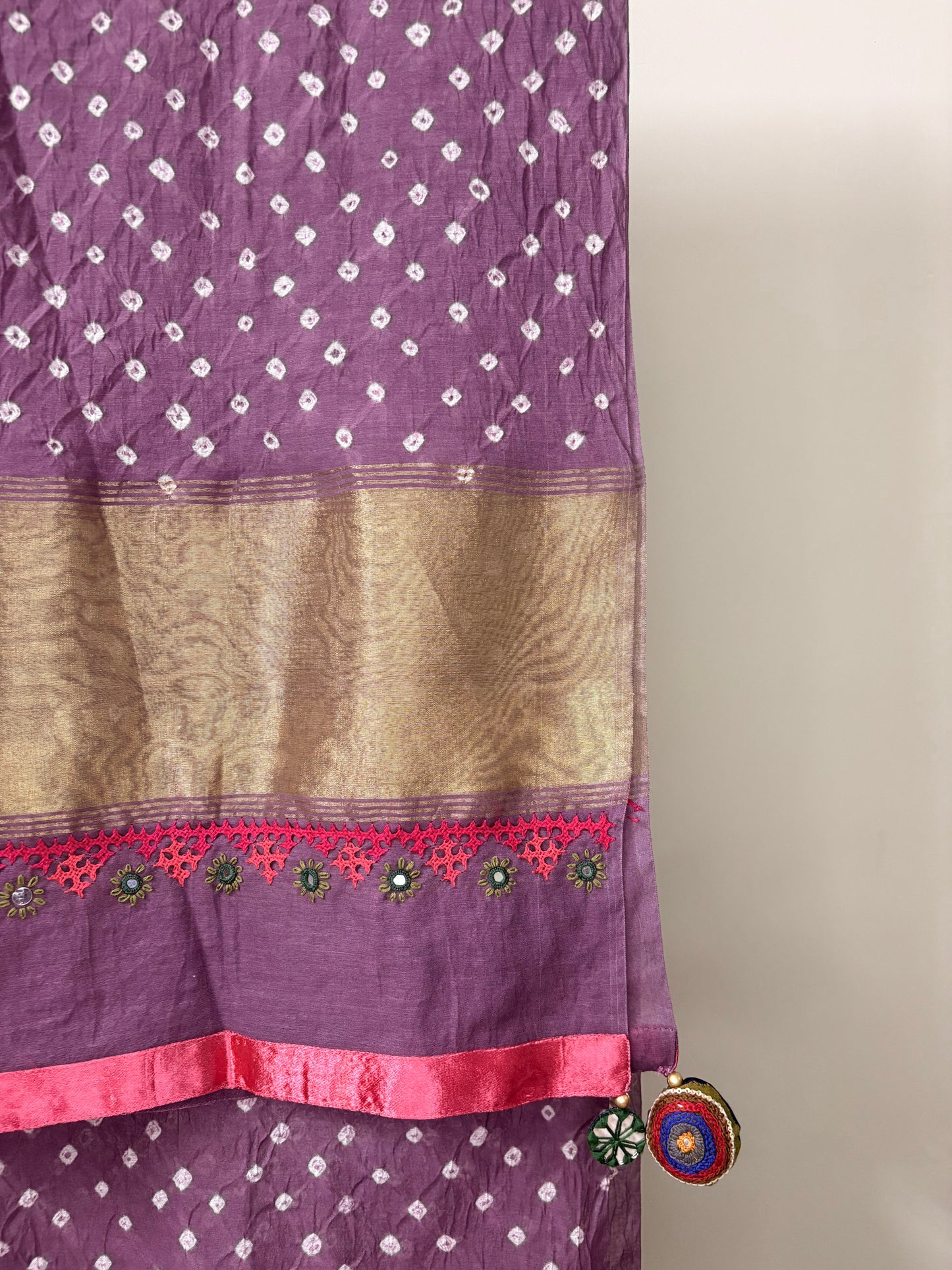 Purple Silk Bandhani Dupatta with Ari & Mirror Work