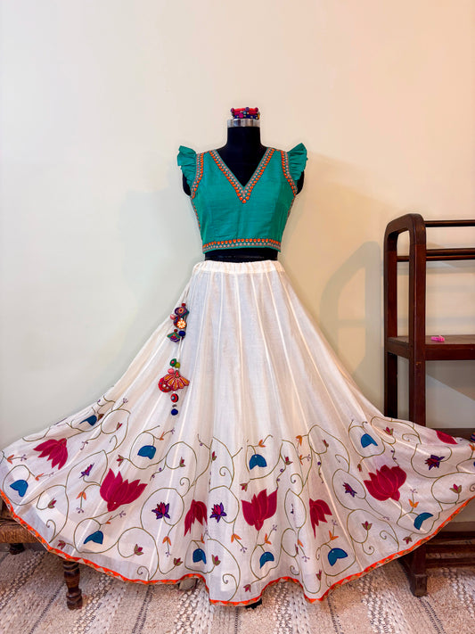 Milk White Chanderi Silk Ari Work Chaniya