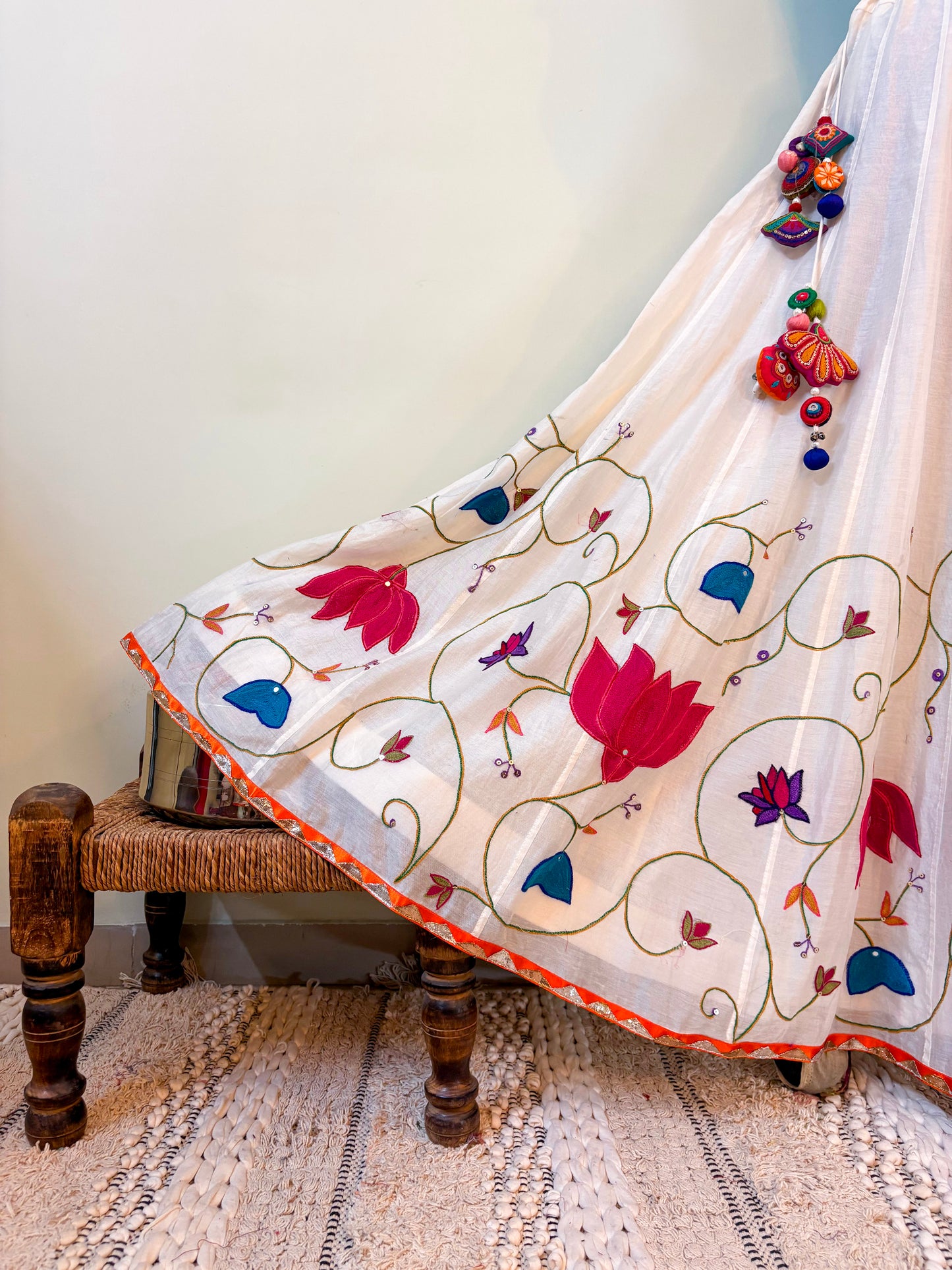 Milk White Chanderi Silk Ari Work Chaniya