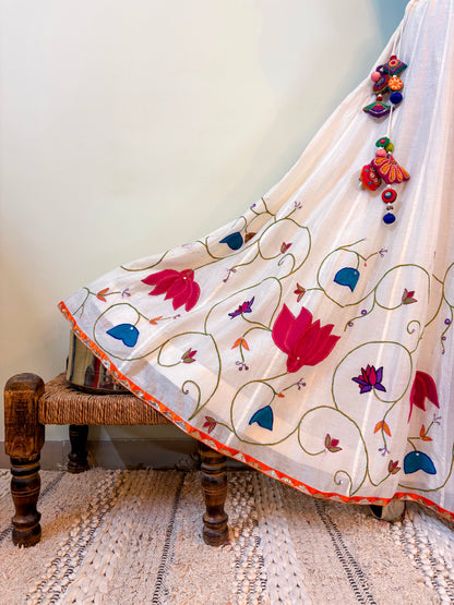 Milk White Chanderi Silk Ari Work Chaniya