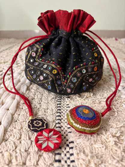 Black Cotton Potli with Mirror Work