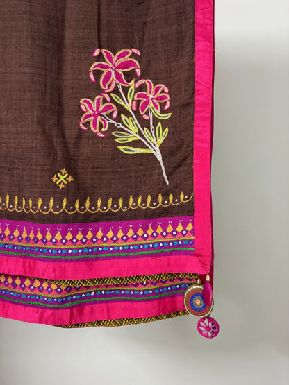 Brown & Pink Matka Silk Ari Work Dupatta