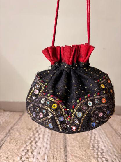 Black Cotton Potli with Mirror Work