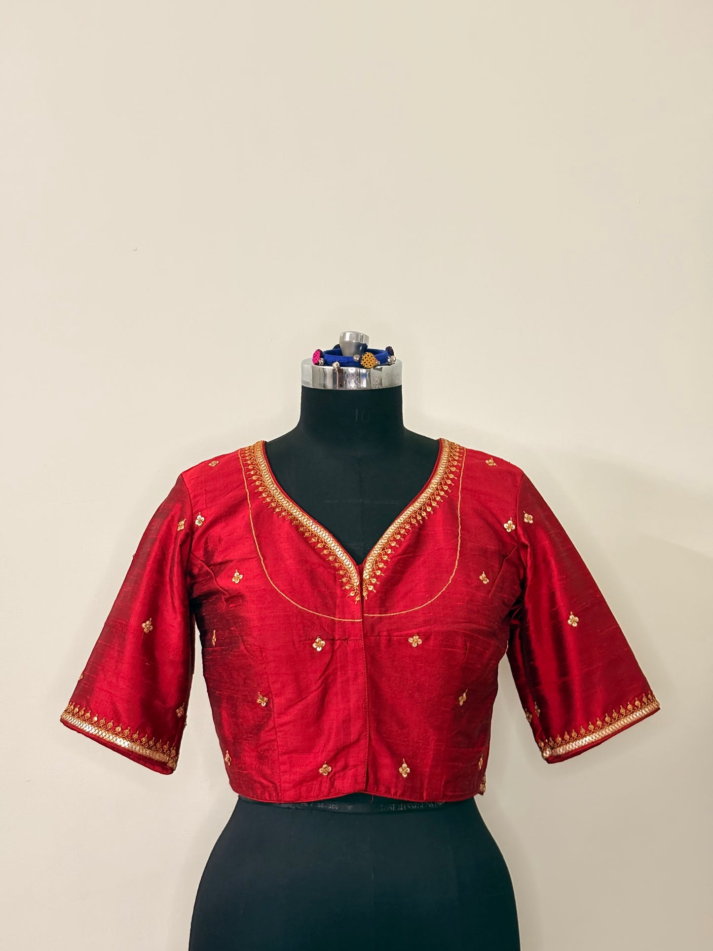 Red Raw Silk Marodi Blouse Piece (Semi-Stitched)