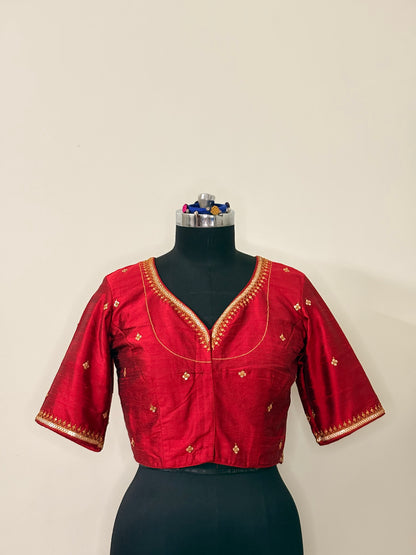 Red Raw Silk Marodi Blouse Piece (Semi-Stitched)