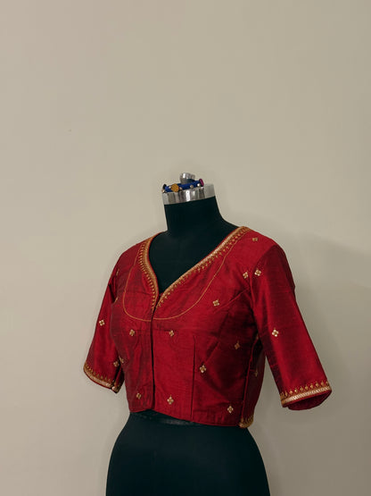 Red Raw Silk Marodi Blouse Piece (Semi-Stitched)