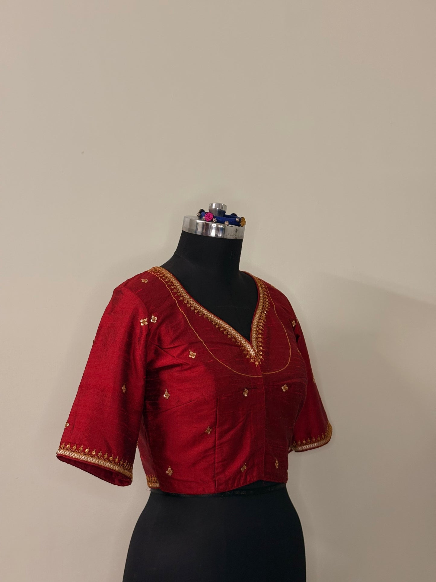Red Raw Silk Marodi Blouse Piece (Semi-Stitched)