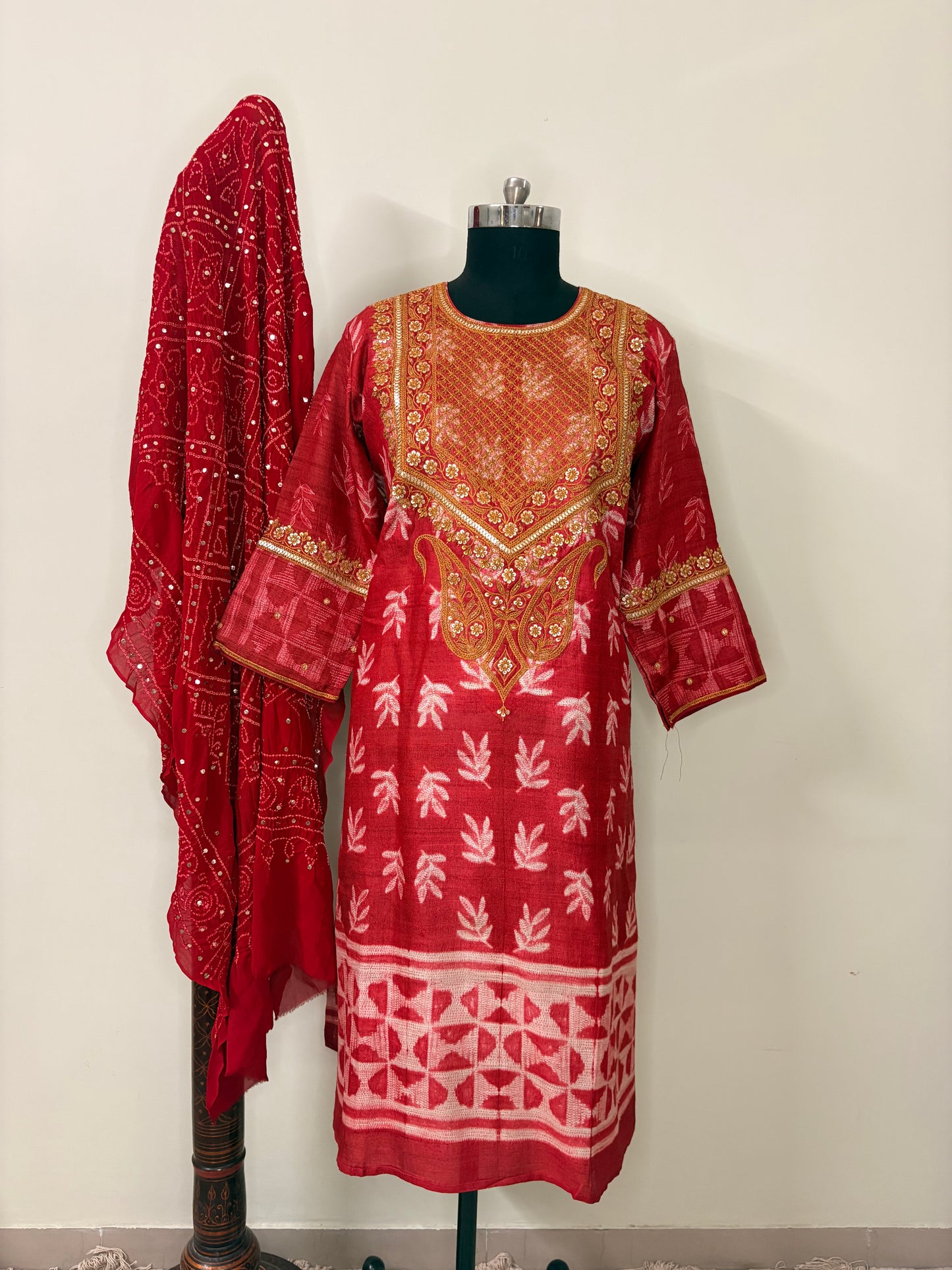 Red Tussar Silk Marodi Shibori Kurta (Unstitched)